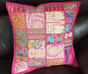 Indian Handcrafted Patchwork & Embroidery <b>Cushion</b> Cover Recycled <b>Sequin</b> Home Decor Living Room Ethnic Boho Decor - Product Image 3