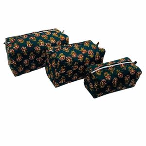 Estuche grande de algodón puro verde oscuro Floral con bloque de mano, bolsas multiusos para maquillaje cosmético, artículos esenciales de viaje - Product Image 1