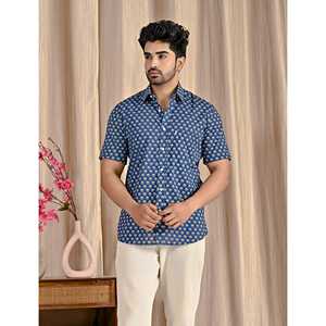 Camisa de Manga Corta para Hombre, Azul, Popelina de Algodón, Estampada, Corte Entallado, Estilo Casual y de Esmoquin, Suministro ODM - Product Image 3