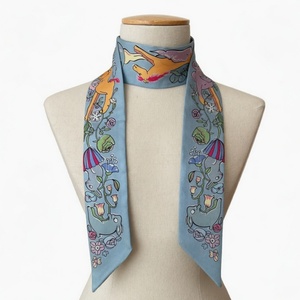 Écharpe fine en soie à imprimé floral licorne bleue pour <span class=keywords><strong>femme</strong></span>, accessoire de mode pour le cou, petit ruban pour poignée de sac - Product Image 1