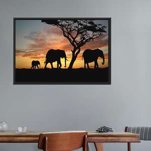Tableau imprimé sur toile : Paysage africain avec décor d'éléphant, 1P : encadré noir - Product Image 1