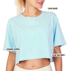 Camiseta de algodón de alta calidad para mujer, fabricantes OEM, Tops cortos ajustados con estampado personalizado, cuello redondo, informal, logotipo sólido, teñido liso - Product Image 6