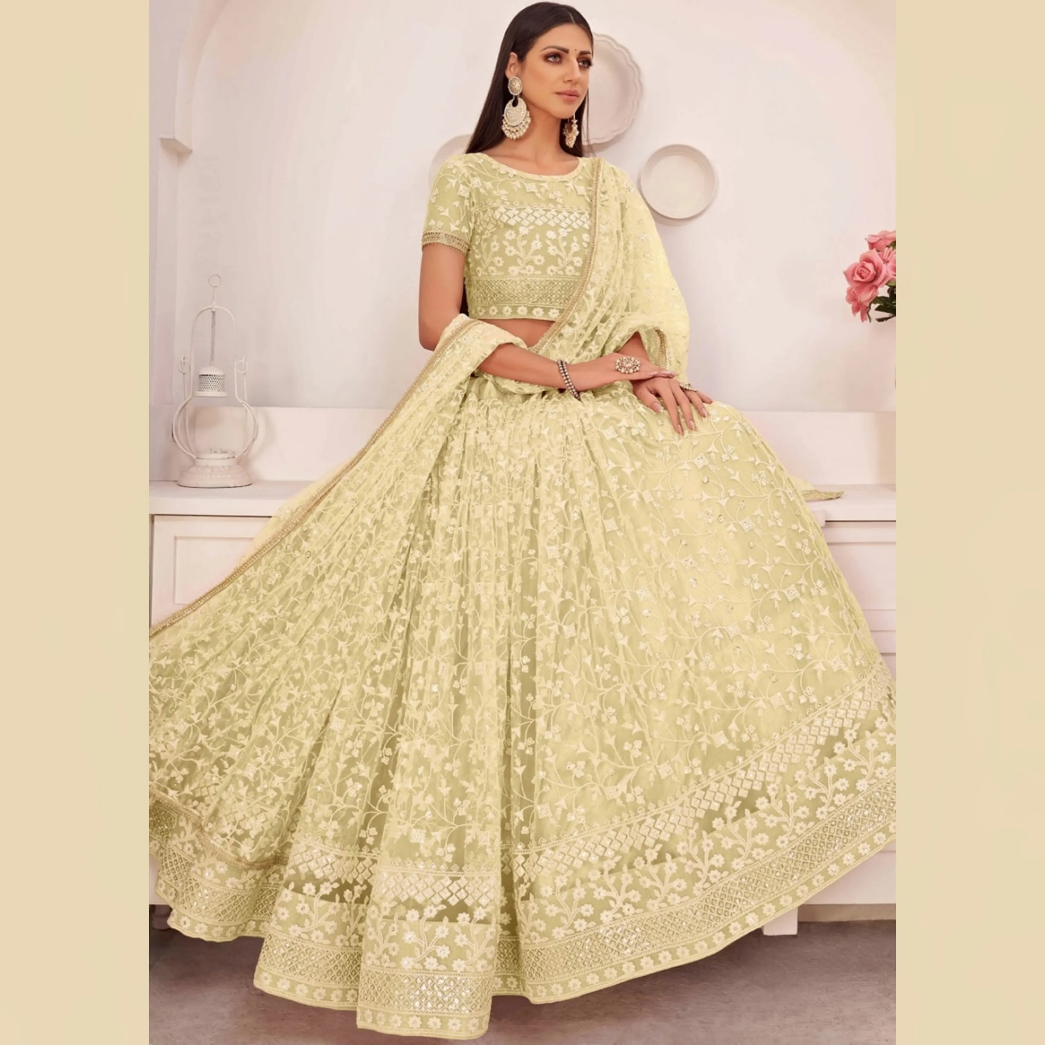 Wedding dress princess ball gown wedding bride dress Cream lahenga choli semi stitched bridal wear export from india