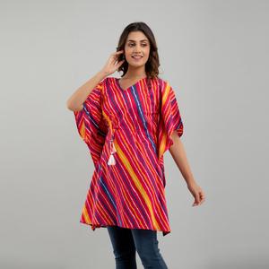 <b>Pink</b> Cotton Kaftan Dress with Leheriya Pattern Print Western Style-SHKUP1228 - Product Image 4