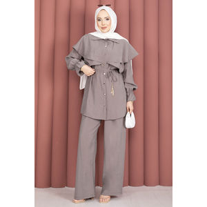 Ensemble pantalon et tunique boutonnée style cape décontracté pour femme, coupe ample en tissu crêpe, couleur pierre foncée, idéal pour le bureau, printemps/été/automne - Product Image 3