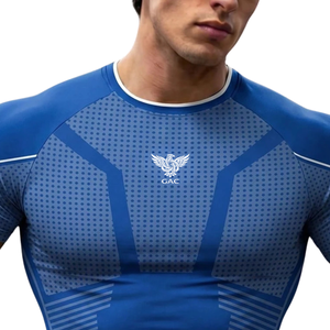 T-shirt de compression bleu pour homme, manches courtes, coupe ajustée, pour entraînement sportif, course à pied, gym, performance, séchage rapide, vêtements de sport - Product Image 5