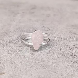 Anillo de Plata de Ley 925 con Cuarzo Rosa Natural, Piedra de Nacimiento de Abril, Doble Banda, Joyería Hecha a Mano para Navidad - Product Image 4