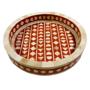 印度木制托盘定制设计圆形红色餐具装饰托盘使用家居装饰使用lametierartz