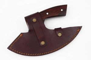 Couteau à pizza Ulu en acier Damas Nordic Forge, manche en bois de rose, étui en cuir, fait main, OEM, professionnel, ambidextre - Product Image 5