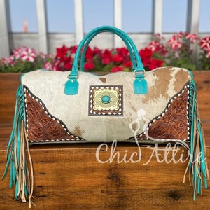 Bolsas de viaje grandes con flecos turquesa unisex occidental cuero de vaca Estilo Vintage hecho a mano real - Product Image 1