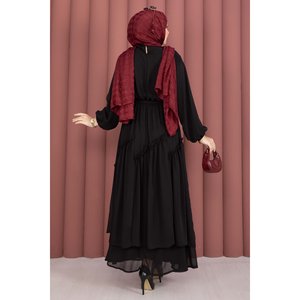 Robe en mousseline de soie noire à volants asymétriques, coupe trapèze, taille naturelle - Product Image 5