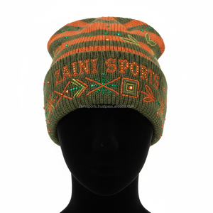 Gorro de invierno para mujer, 320 GSM, mezcla de lana acrílica, diseño bordado naranja Oliva, gorro jacquard con logotipo personalizado - Product Image 1