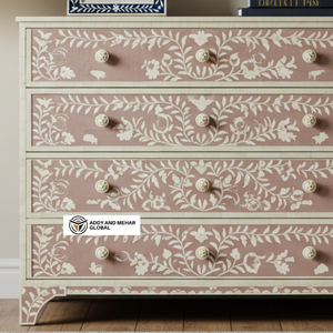 Artisan Modern Handmade Solid Mango Wood & Bone Inlay <b>6</b>-<b>Drawer</b> <b>Dresser</b> with Floral Pattern for Bedroom and Living Room Storage - Product Image 3