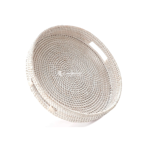 Plateau de service rond en rotin blanc avec poignées, fait main pour la décoration intérieure, le rangement et la vente en gros - Product Image 2