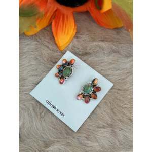 Boucles d'oreilles clous fleur en argent sterling multi-pierres faites à la main du sud-ouest - Product Image 3