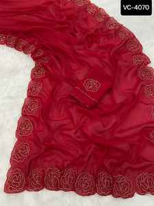 Indian Ethnic Wera Frandy Satin Space Silk with Katdana Handwork butta work all Over Cut work Border Saree with Hendwork Blouse - Product Image 5