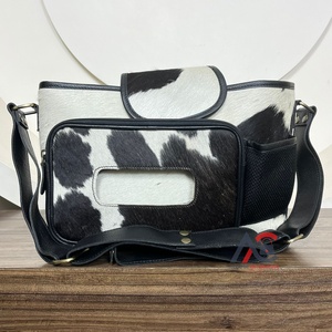 Big Capacity Stylish Cowhide <b>Baby</b> Stroller Bags Organizer Genuine Hair-on Hide Nappy <b>Caddy</b> with Wipes Dispenser & Bottle Holders - Product Image 1