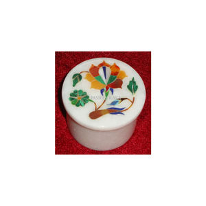 Boîte en marbre artisanale magnifique, blanc brillant, incrustée de nacre, boîtes à bijoux de rangement pour la décoration de la maison, forme ronde, fabriquée en Inde - Product Image 1