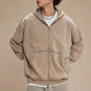 Sweat à capuche zippé décontracté en coton épais délavé à l'acide, coupe ample, fermeture éclair double, style rétro, vente en gros - Product Image 2