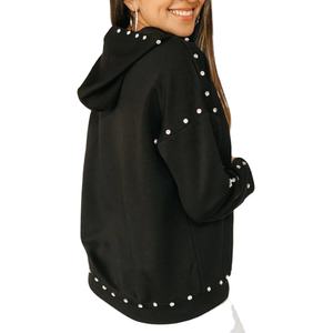 Custom Printed Embroidered logo Knitted <b>Fabric</b> Winter Use Back Logo Women's Lightweight Black <b>Rhinestones</b> Hoodie - Product Image 2