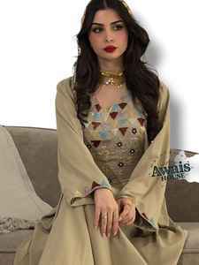 Vestido Largo de Manga Larga con Corte en A, Color Sólido, Bordado de Lujo con Lentejuelas de Cristal y Cuentas, Estilo Modesto y Sencillo para Mujeres Musulmanas - Product Image 4