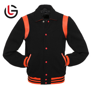 High Quality Men's Varsity Jacket Hot Selling College Baseball Letterman Black <b>Wool</b> Body with Orange Stand Collar Canvas <b>Fabric</b> - Product Image 2