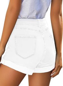 Pantalones cortos de mezclilla para mujer Pantalones cortos de mezclilla rasgados de tiro medio Dobladillo doblado elástico Pantalones vaqueros cortos calientes Cremallera Volar dobladillo de cintura alta 5 bolsillos - Product Image 6