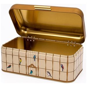 Caja de pan de metal rectangular de 209x365x120mm con ilustración de jaula de pájaros vintage Tapa con bisagras de 9L y pájaros coloridos - Product Image 2
