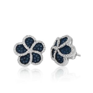 Pendientes de tuerca finos de plata 925 de alta calidad 1,04 Ct tachuelas de flores de racimo de diamantes blancos y azules naturales - Product Image 2
