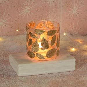 Votivo de vidrio borosilicato transparente hecho a mano con hojas de otoño de hoja de oro real para minoristas de decoración del hogar de alta gama - Product Image 1