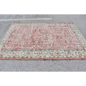 Tapis Turc Vintage 5.8X8.5 pieds Rouge Beige Laine Tapis Fait Main Patchwork Rayé Rectangulaire 10mm Latex pour Salon Couloir - Product Image 4