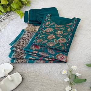 Premium Roman Silk Kurti <b>Set</b> with Handwork Embroidery, Glass <b>Mirror</b> Detailing & Digital Print Chinon Dupatta - Product Image 3