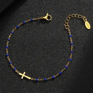 Ultra dünne Edelstahl Kreuz Armband mehrfarbige Perlen Gold Farbe Link Kette Mode Jesus Christian Geschenk Männer Frauen