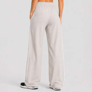 Pantalones Casuales de Mujer de Cintura Alta, Pierna Ancha, Transpirables, con Rayas Minimalistas, Tejidos, con Rayas Laterales, Color Blanco Arrugado - Product Image 3