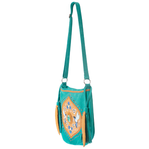 Sac à bandoulière en cuir violet antique à rabat usiné à la main et peint à la main avec un design d'hirondelle entourant une grande pierre Lapis Lazuli - Product Image 5