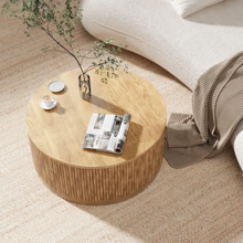 Lineage Corporation's Modern Design Round Coffee Table Madera maciza Acento Fresno Roble Extensible Rattan DrumTop Pieza de acento elegante - Product Image 5