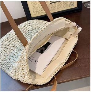 กระเป๋าโท้ทฟางสำหรับผู้หญิง, กระเป๋าสะพายไหล่สไตล์โบฮีเมียนความจุขนาดใหญ่กระเป๋าชายหาดพร้อมซับใน - Product Image 6