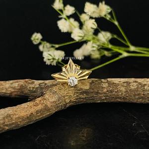 14K Solid Gold Natural Diamond Half Lotus Stud <b>Earring</b> Fine Jewelry. - Product Image 4