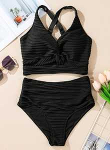 เซ็ตบิกินี่ของผู้หญิงแบบสองชิ้นสีดำแต่งระบายมีโลโก้ด้านหน้าชุดเซ็กซี่ใส่สบาย - Product Image 4