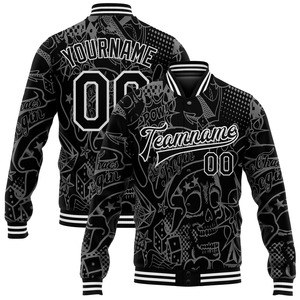 Direct Industry Wholesale Casual Winter Custom Graffiti Pattern Black-White Skull Fashion 3D Full-Snap Varsity Letterman Jacket - Product Image 1