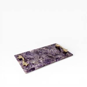 Bandeja Decorativa de Piedra de Ágata Natural de Forma Irregular con Borde de Hoja de Oro y Asas Esculpidas en Oro - Product Image 4