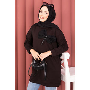 Túnica Hijab Marrón Oysho con Detalle de Lazo y Adornos de Piedras, Blusa de Chifón Estampada, Modesta, Formal, Casual, Blusa de Algodón con Bordado para Verano - Product Image 2