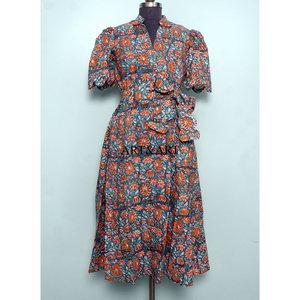 Vestido Largo de Algodón Puro para Mujer, Estampado Floral Hecho a Mano, Estilo Canguro, Línea A, Sencillo, Lavable, Ideal para Uso Diario, Casual o Fiestas - Product Image 1