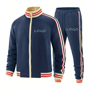 Setelan pakaian olahraga kasual pria, jaket Zip-Up bergaris & Jogger paduan katun organik bisa dicuci sempurna untuk musim gugur musim dingin - Product Image 1
