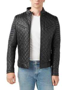 Chaqueta de cuero negro ajustada personalizada para hombre con cuello levantado, cortavientos acolchado para uso informal en motocicleta y uso al aire libre - Product Image 2