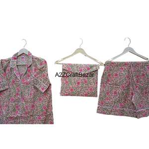 Ensemble de pyjama en coton pur 100 % fait main en Inde, robe de nuit à manches courtes, imprimé à la main, respirant, doux, décontracté, été - Product Image 4