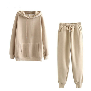 Conjunto Deportivo de Otoño/Invierno para Mujer, Color Sólido, 100% Algodón, Sudadera de Felpa, Informal, con Detalle de Botones, Conjunto de Dos Piezas con Sudadera con Capucha y Pantalones Largos - Product Image 1