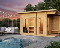 Cabine de sauna extérieure en bois massif avec véranda latérale et poêle à bois pour 3-4 personnes, sauna sec de jardin