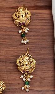 Elegante joyería de templo de oro mate conjunto de collar de cuentas de perlas largas con pendientes colgante tradicional Lakshmi joyería antigua - Product Image 3