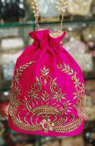 Beautiful Neon-Pink Silk Potli <b>Bag</b> Embellished with <b>Pearls</b> and Crystal Glass Beads Embroidery for Parties/Weddings in 2024 - Product Image 2